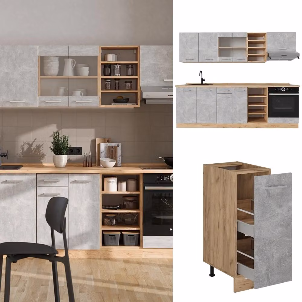 Cucina componibile moderna R-Line Vicco in Rovere e Calcestruzzo, L: 240 cm – 2