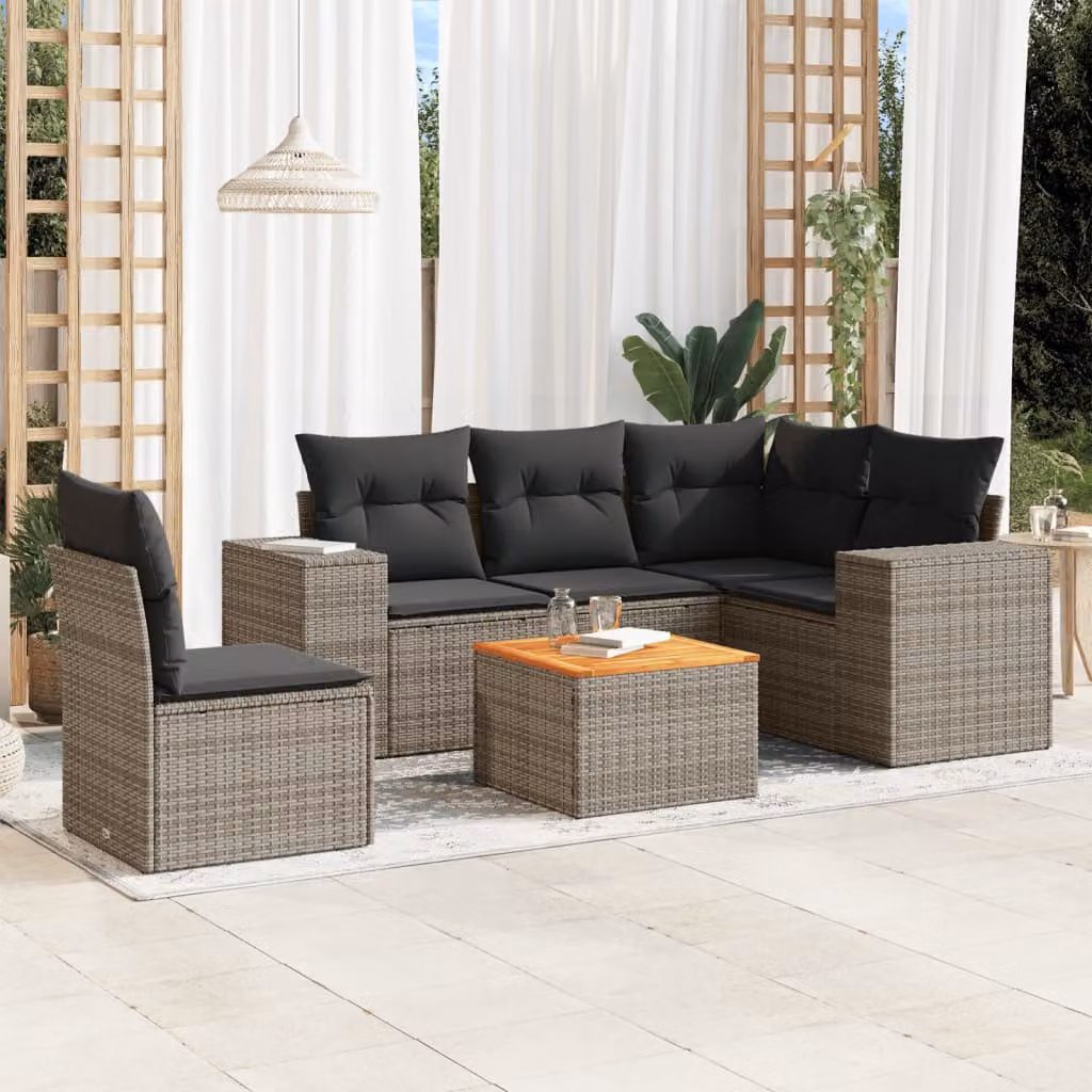 Set Divano da Giardino vidaXL 6 pz a Forma a L in Polyrattan Grigio con Cuscini e Tavolino – 1
