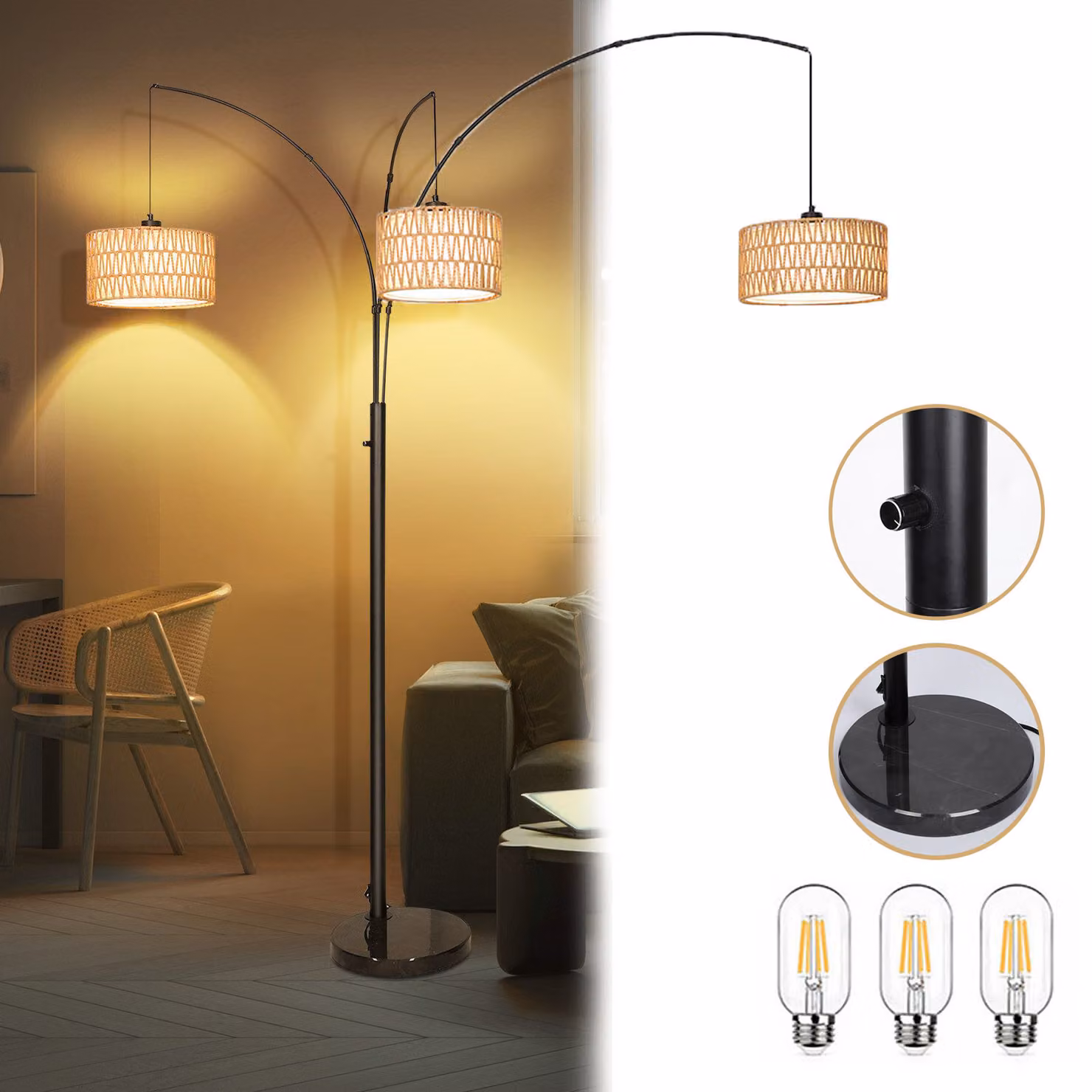 Lampada da terra in rattan stile boho a 3 luci, lampada da terra a forma di albero con lampadina da 6 W, lampada ad arco con interruttore a quattro posizioni, lampade da terra vintage per la camera da letto