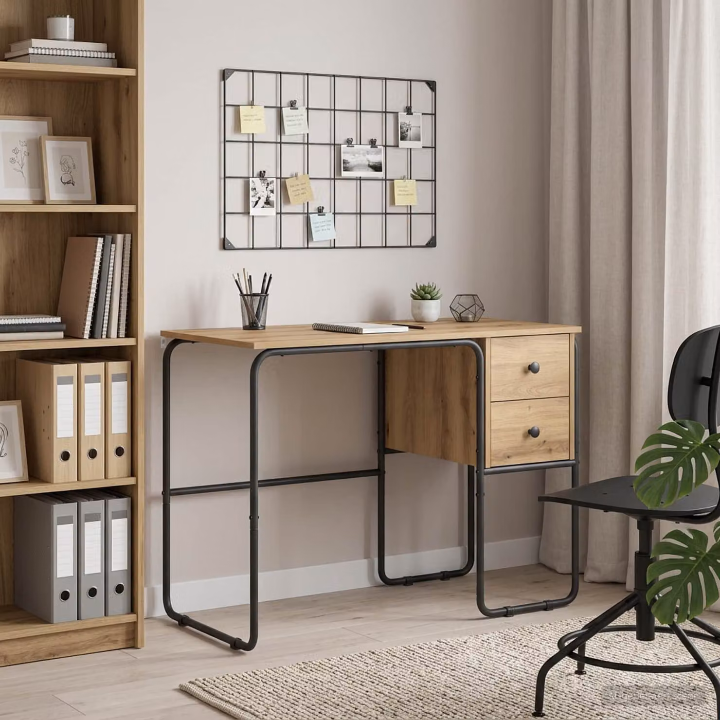 Scrivania moderna vidaXL in legno e metallo colore rovere, L: 100 cm, P: 60 cm, H: 75 cm