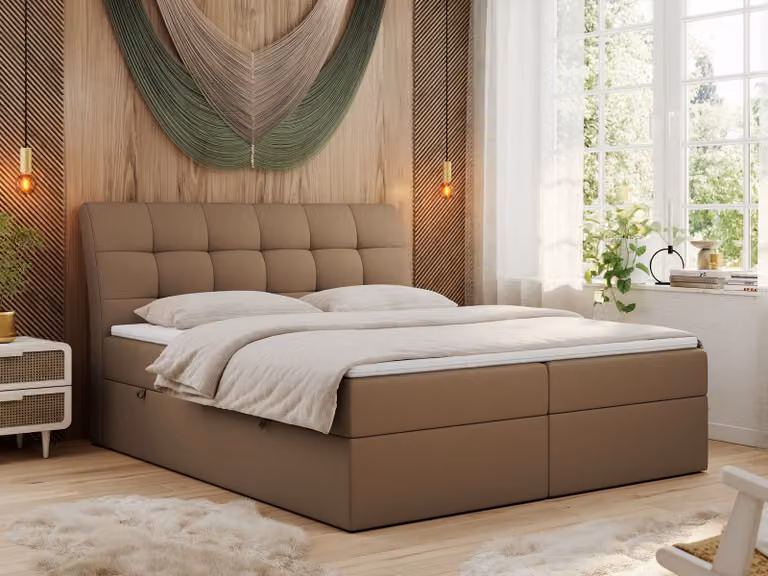 Letto boxspring 200x200 con materasso, letto con materasso Multipocket - H3 e topper, letto imbottito 200x200 con contenitore e testiera, DIEGOS - 200x200 - Marrone - Ecopelle - H3
