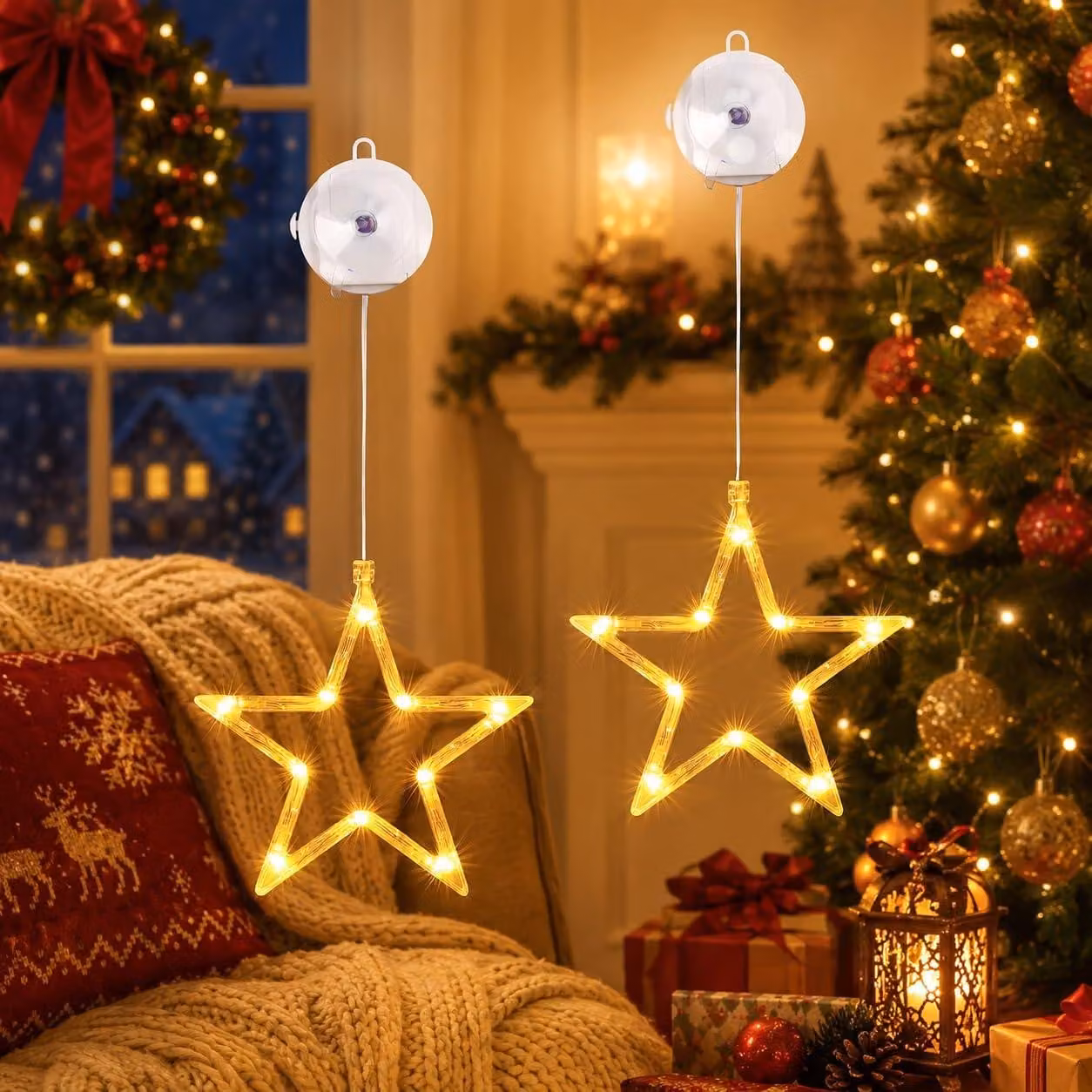 Set di 2 luci a LED a forma di stella, 10 LED, luce bianca calda, con timer, alimentate a batteria