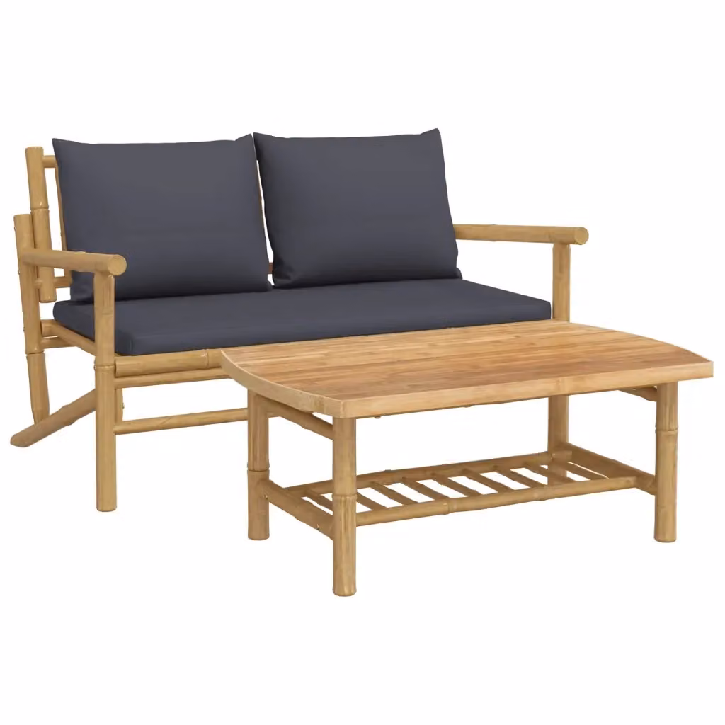 Set Salotto da Giardino vidaXL in Bambù con Divano a 2 Posti e Tavolino da Caffè, Grigio – 2