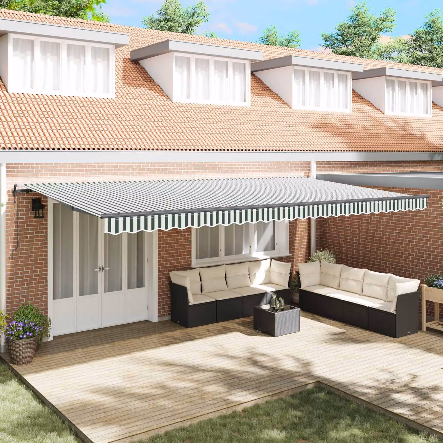 Tenda retrattile con bracci pieghevoli vidaXL in alluminio, Verde e Bianco, L: 600 cm, P: 300 cm