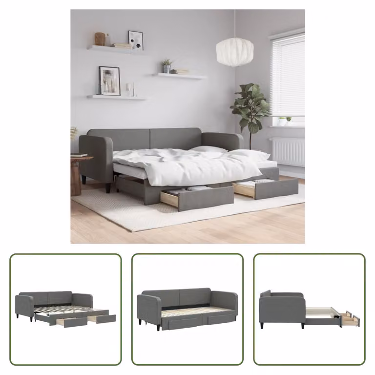 The Living Store Letto da giorno allungabile con cassetti grigio scuro 90x200 cm in tessuto