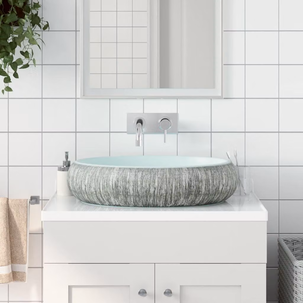 Lavabo da appoggio ovale in ceramica vidaXL, Grigio e Blu, L: 59 cm, P: 40 cm, H: 15 cm