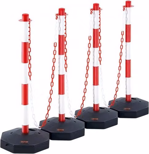 Set di 4 paletti di segnalazione stradale VEVOR con catena, colore rosso e bianco, base riempibile con acqua o sabbia, L/P: 28,5 x 28,5 cm