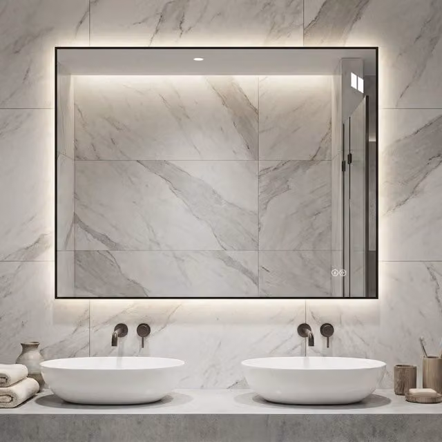 Specchio da bagno moderno OKWISH con retroilluminazione LED dimmerabile a 3 colori, funzione antiappannamento e vetro argento, L: 77 cm, H: 97 cm