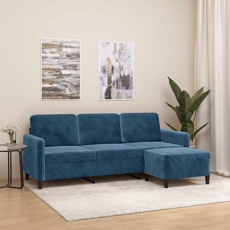 vidaXL Divano a 3 Posti con Poggiapiedi Blu in Velluto Moderno L: 198 cm, P: 80 cm, H: 77 cm