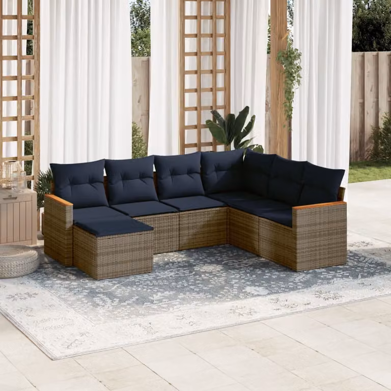 Set di divani da giardino vidaXL in polyrattan grigio con cuscini, componibile a L con pouf e struttura in acciaio rivestito