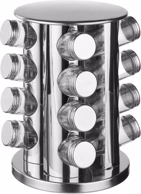 Portaspezie Girevole Five Simply Smart in Acciaio Inox e Vetro con 16 Barattoli, Colore Argento e Trasparente