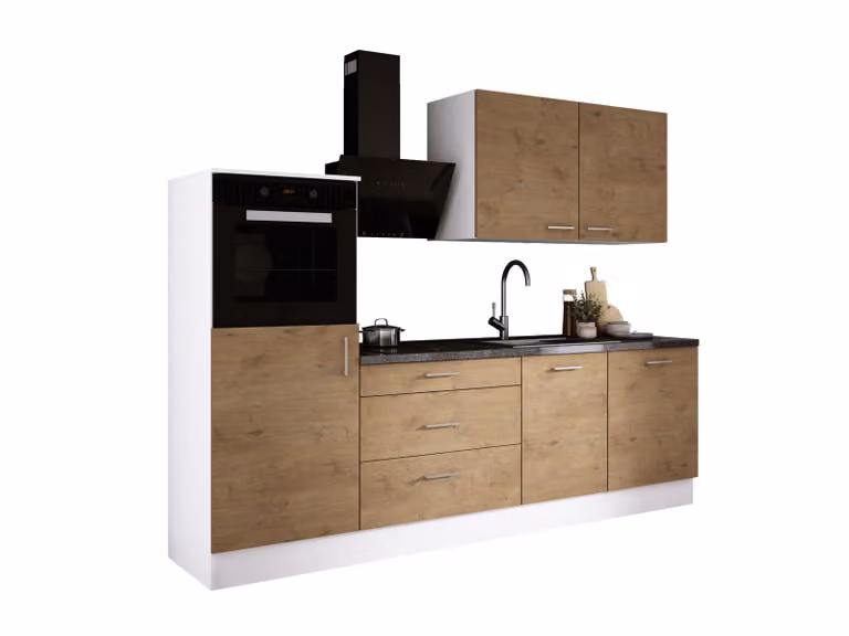 Set da cucina: tre cassetti, cinque ante, otto ripiani, colore bianco / finitura "Lanzetteiche"