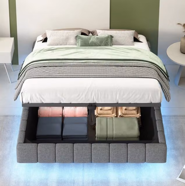 Letto imbottito 140x200 cm grigio in tessuto con LED e vano contenitore