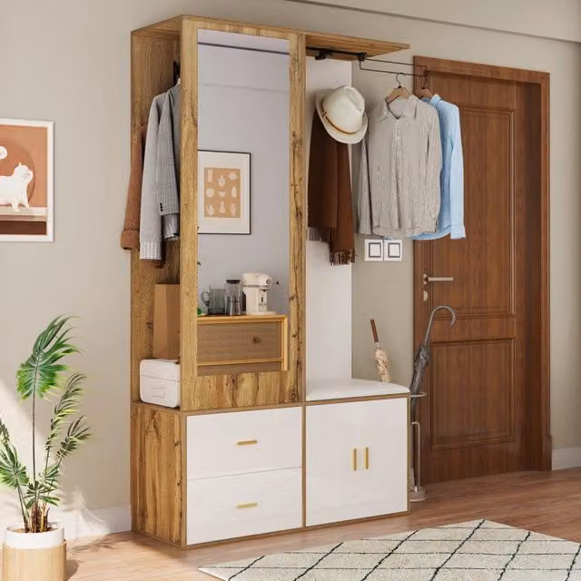 Set Ingresso con Specchio, Scarpiera, Panca con Ganci e Appendiabiti ¨C MINIMAL ¨C Bianco/Legno