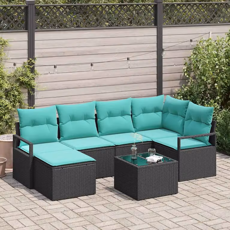 Set di divani da giardino vidaXL 7 pezzi in rattan nero e turchese con struttura in acciaio e cuscini inclusi