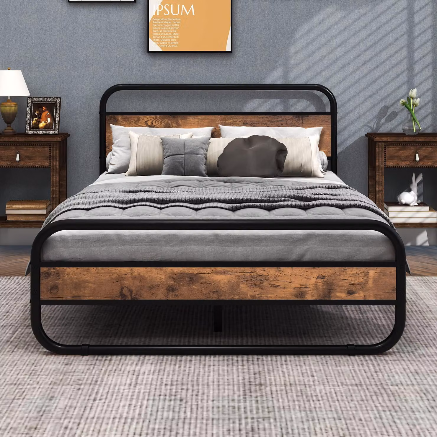 Letto matrimoniale con struttura in metallo e testiera in legno, dimensioni 135x196 cm