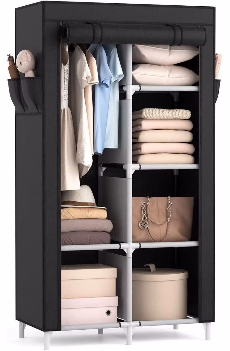 Armadio in tessuto con asta appendiabiti, 6 ripiani, 4 tasche laterali, copertura, colore nero, dimensioni 84 x 42 x 162 cm