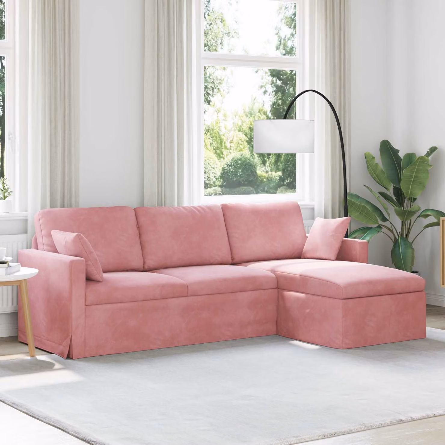 Divano moderno vidaXL in velluto rosa con cuscini e coperture rimovibili L: 228 cm, P: 134 cm, H: 80 cm – 1