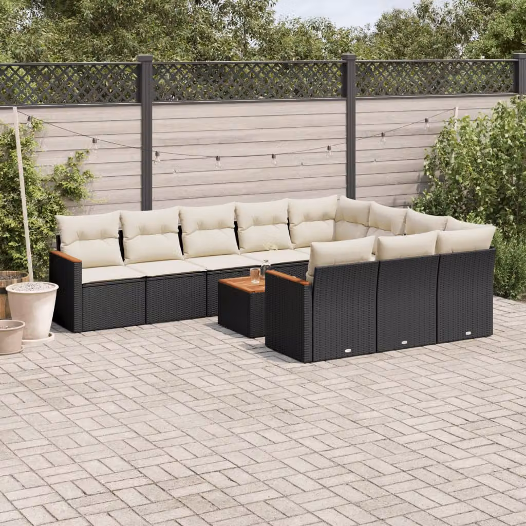 vidaXL Set Divani da Giardino 11 pz in Polyrattan e Acciaio con Cuscini Neri e Bianchi – 1