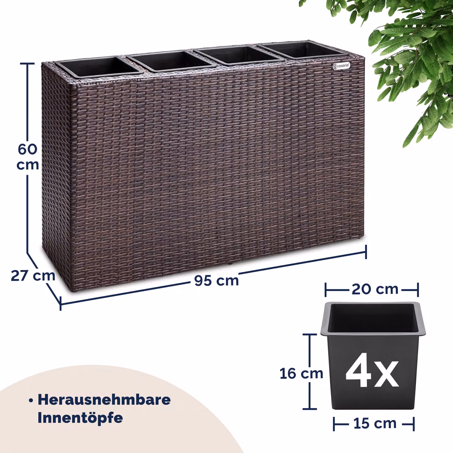 Fioriera da esterno Casaria in polyrattan marrone L: 95 cm, P: 27 cm, H: 60 cm – 2