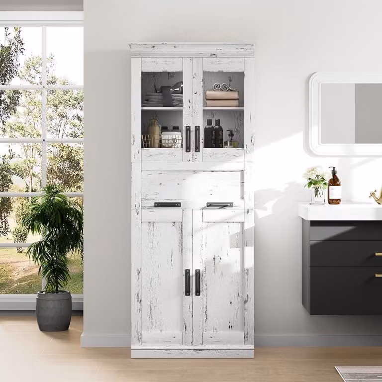 Mobiletto da cucina 170 cm in legno, con 2 ante in legno, 2 ante in vetro, 4 scomparti e 1 cassetto, colore bianco