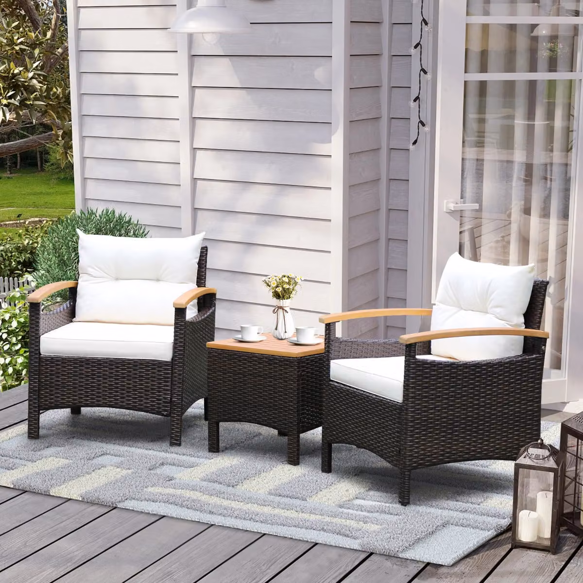 Costway Set di Mobili da Giardino 3 Pezzi in Rattan e Metallo con Divano a 2 Posti, Tavolino e Cuscini Rimovibili Marroni per Terrazza e Cortile – 3