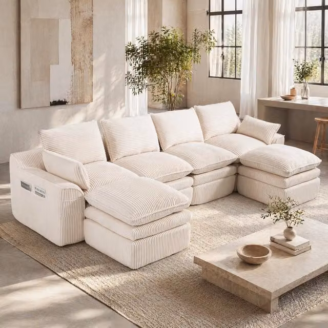 Divano Modulare REDOM a 4 Posti con 2 Pouf, Design Moderno a L in Velluto a Costine Beige, L/P/H: 335 x 167 x 85 cm