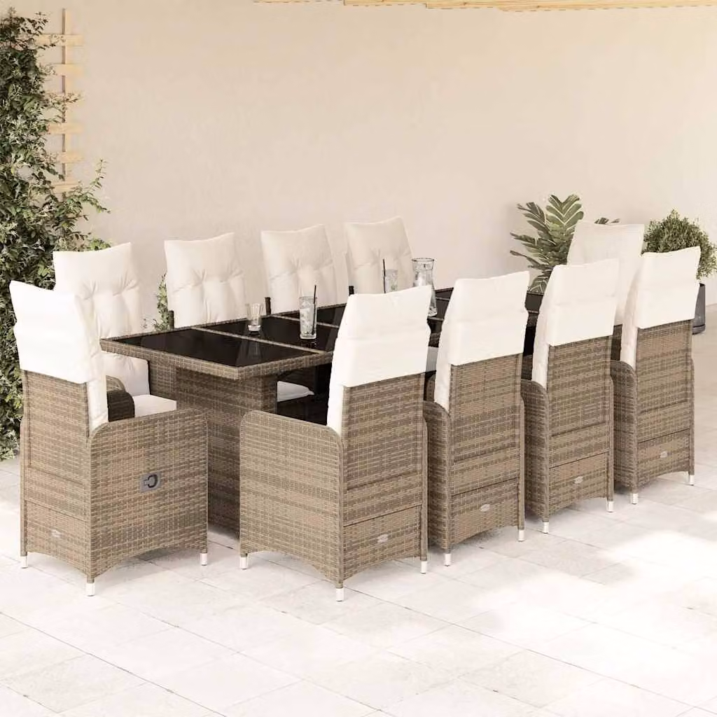 Set Bistrò da Giardino e Balcone vidaXL 11 pz in Polyrattan Beige e Bianco con Cuscini e Tavolo in Vetro