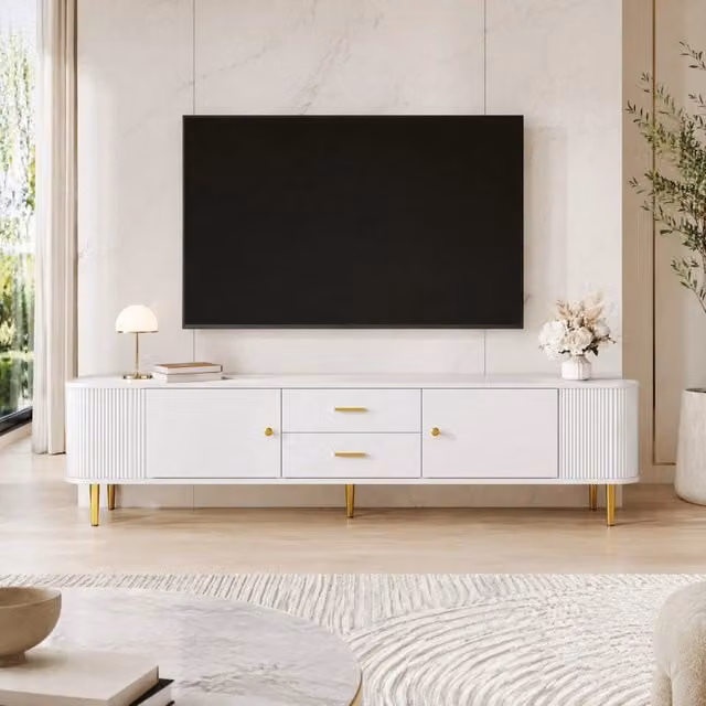 Mobile TV moderno 170 cm con 2 cassetti e 2 ante; MDF bianco con dettagli dorati