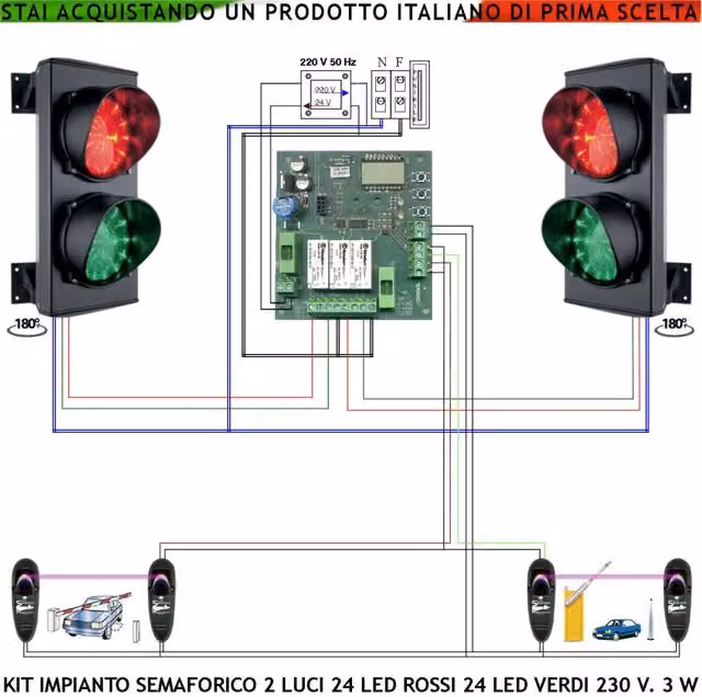 Kit 2 Semafori Orientabili Securvera IP65 con 48 LED (24 Rossi e 24 Verdi), Gestione tramite 2 Fotocellule e Tempi Regolabili, Alimentazione 230V, Colore Nero