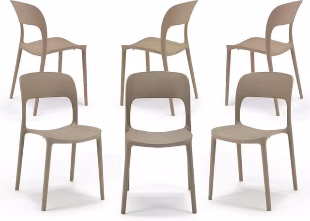 Set 6 sedie in polipropilene KATE, impilabile, resistente ai raggi UV, design moderno, ideale per sala da pranzo, cucina, sala d’attesa, bar, ristoranti o da esterno, colore Tortora