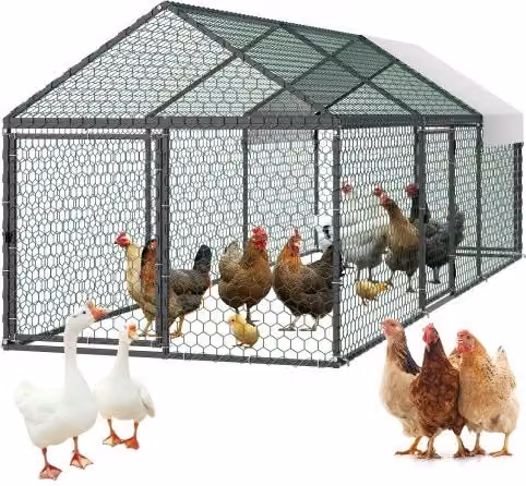 Recinzione in metallo VEVOR grigia per 6-8 galline con tetto a punta impermeabile e 3 porte, L 3 m x P 1 m x H 0,99 m