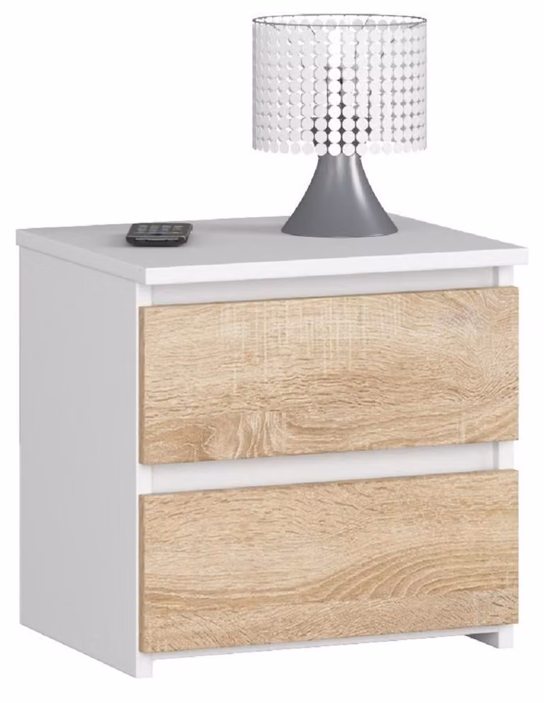 Comodino a due cassetti, alto 40 cm e largo 40 cm, soggiorno, camera da letto, ingresso, armadio, credenza, credenza alta, ampio spazio contenitivo, bianco sonoma