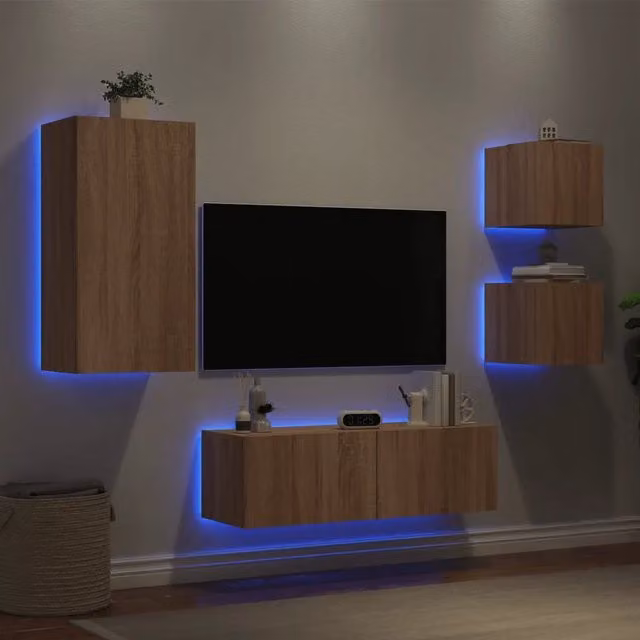 Set di 4 mobili TV da parete VIDAXL con luci LED integrate in finitura rovere e colore marrone per il tuo soggiorno moderno