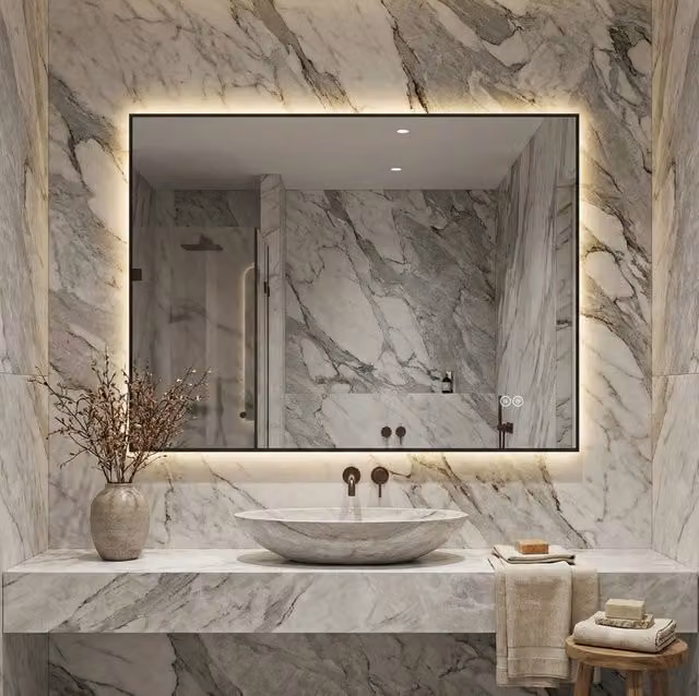 Specchio LED da bagno 80x60 cm, telaio in alluminio, antiappannamento,