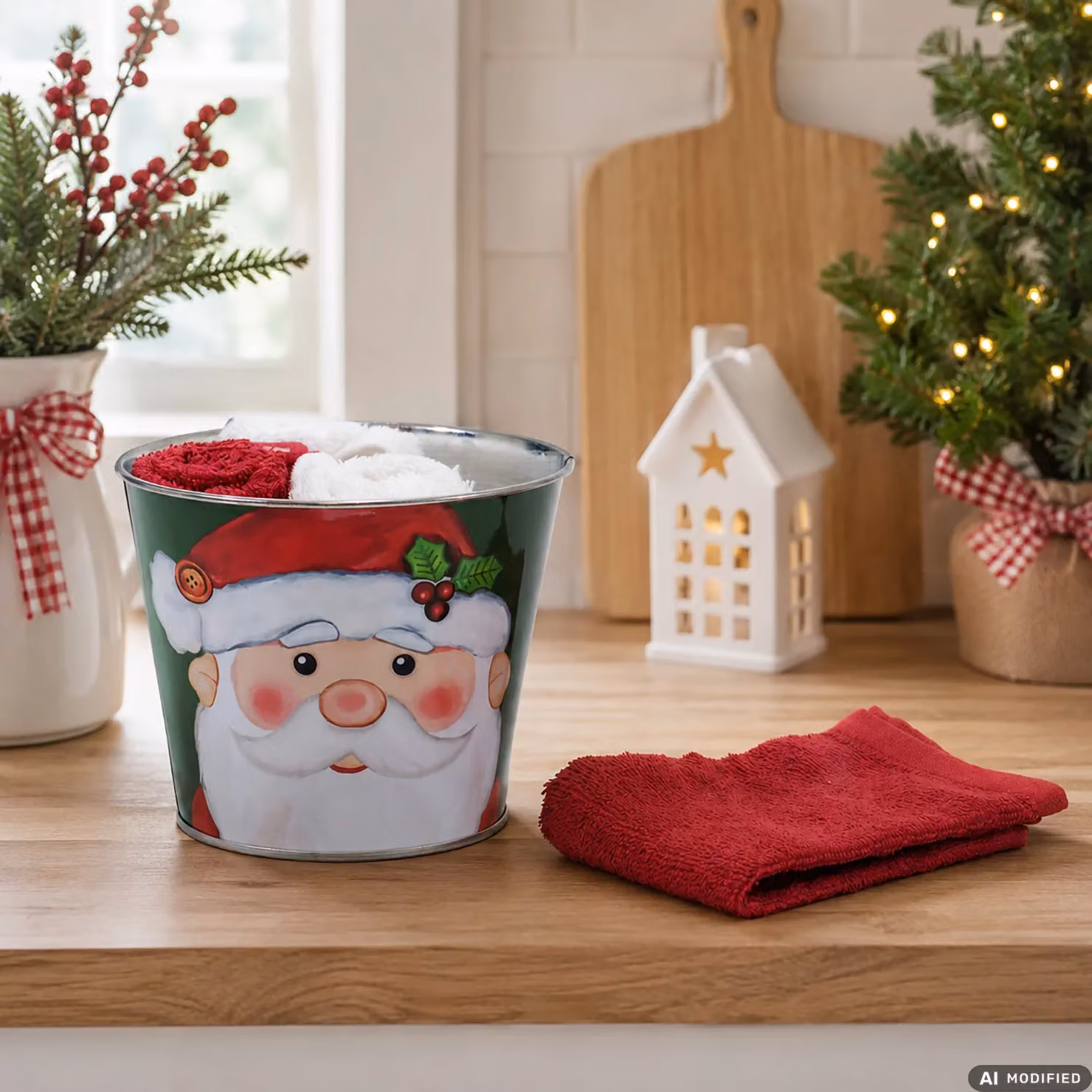 Vestiamo Casa Gran Natale - Set di 4 Lavette Natalizie con Cestino in Metallo Decorato, Rosso, Bianco e Multicolore – 2