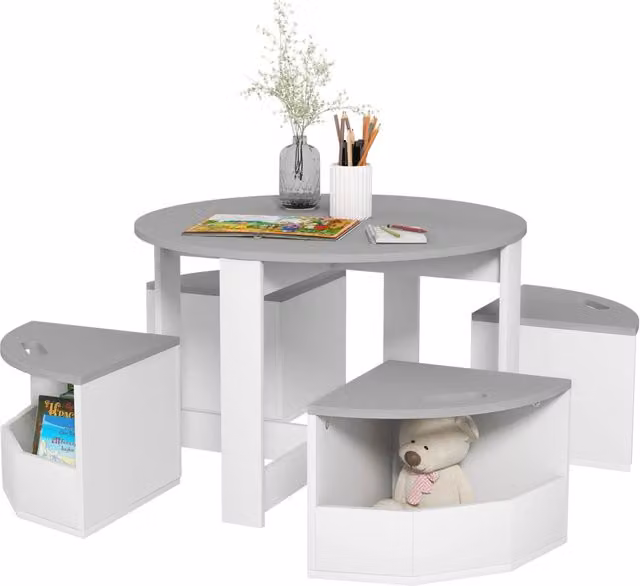 Set Tavolo per Bambini Xylo con 4 Sgabelli in Legno Grigio e Bianco con Vano Contenitore Salvaspazio