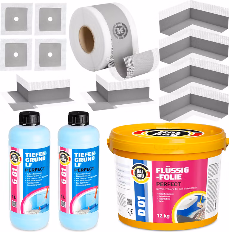 Kit di sigillatura: membrana liquida da 12 kg, nastro sigillante da 15 metri, angolari di sigillatura, primer per superfici porose, H33