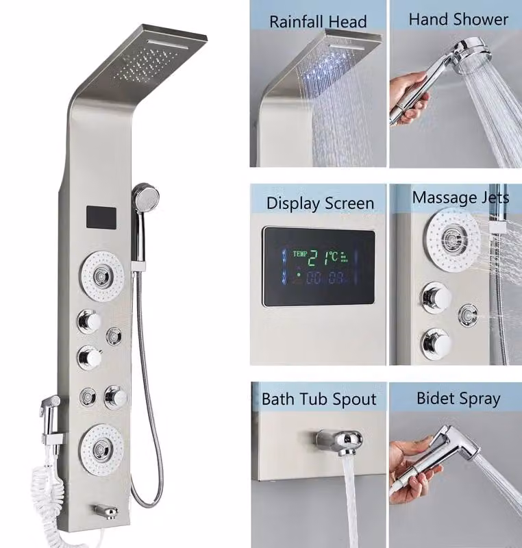 Pannello doccia, con illuminazione a LED, comandi multipli, finitura nickel, modello 8006