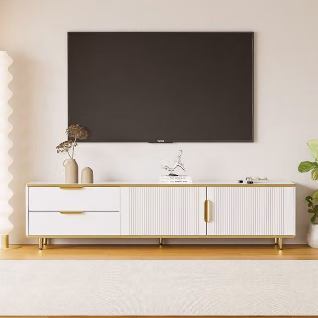 Mobile Porta TV Basso GL Store Moderno con Effetto Marmo e Texture Rigata, Bianco e Nero, L: 175 cm, P: 40 cm, H: 45 cm