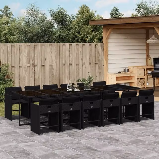 Set da pranzo da giardino vidaXL in polyrattan nero con cuscini e tavolo in vetro, 13 pezzi – 1