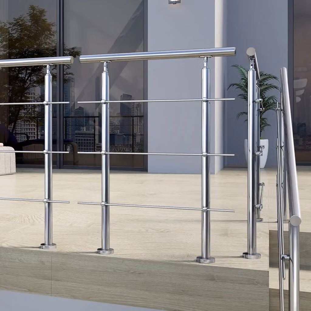 Ringhiera Balaustra con Corrimano Aica Italy in Acciaio Inox 304 Spazzolato Argento, L: 80 cm, H: 106 cm, per Interni ed Esterni con 3 Barre Trasversali – 2