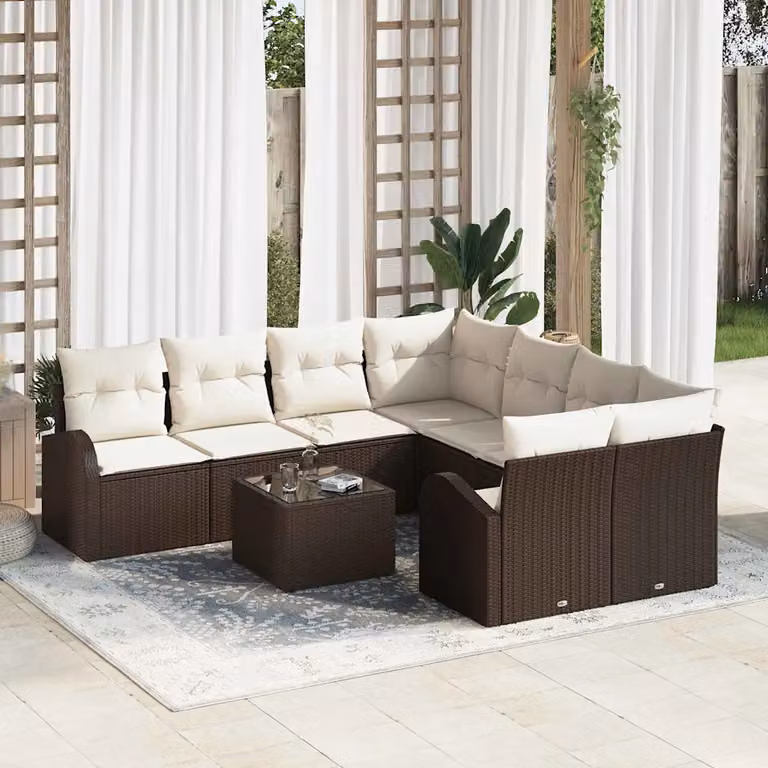 Set di divani da giardino vidaXL a forma di L composto da 9 pezzi con cuscini, colore marrone e beige