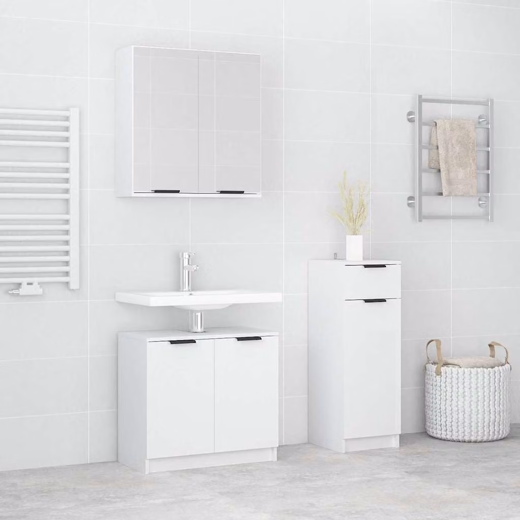 vidaXL Set di Mobili da Bagno Moderno 3 pz Bianco in Legno con Specchio e Pensile a Parete