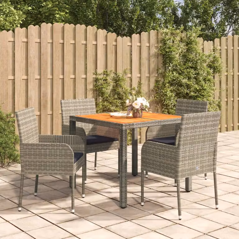 Set da pranzo da giardino vidaXL in polyrattan e legno di acacia grigio con 5 pezzi e cuscini