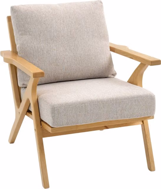 Poltrona da salotto scandinava HOMCOM in tessuto beige con gambe in legno e cuscini imbottiti, L: 76 cm, P: 87 cm, H: 88 cm