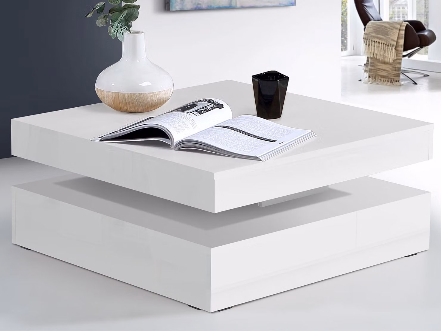 Tavolino da salotto >Coimbra< in bianco/lucido - 93x34,3x78 cm (LxAxP)