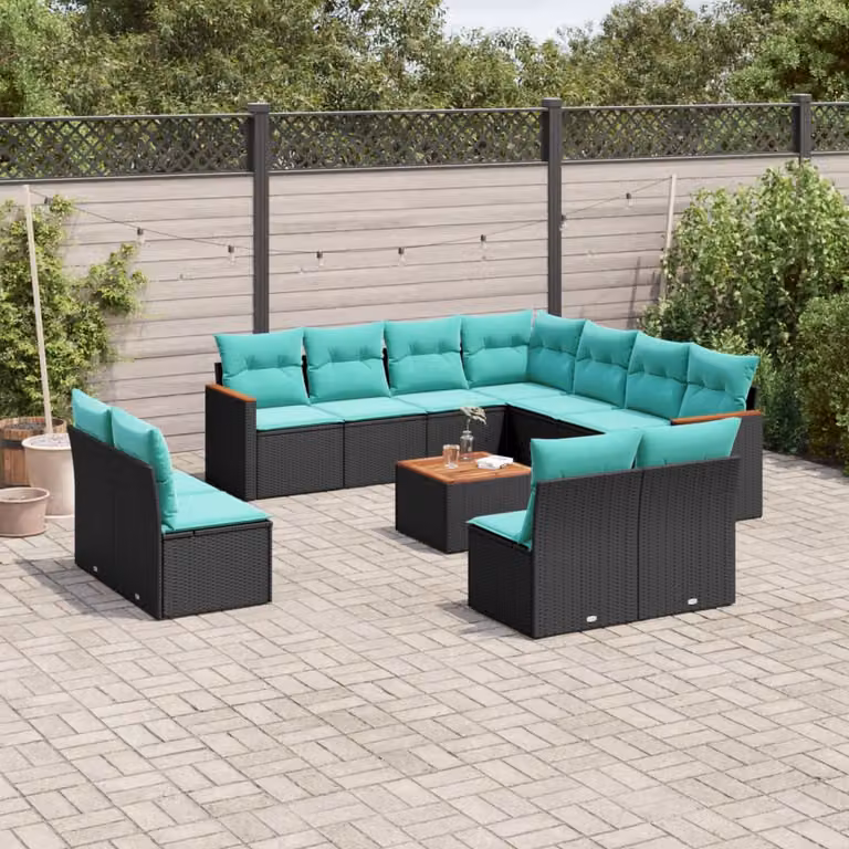 Set di divani da giardino vidaXL 12 pezzi a forma di U con cuscini in polyrattan e struttura in acciaio nero