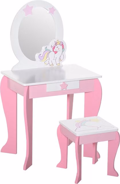 Set da gioco toeletta con specchio, sgabello e cassetto in legno HOMCOM per bambine dai 3 agli 8 anni, rosa e bianco