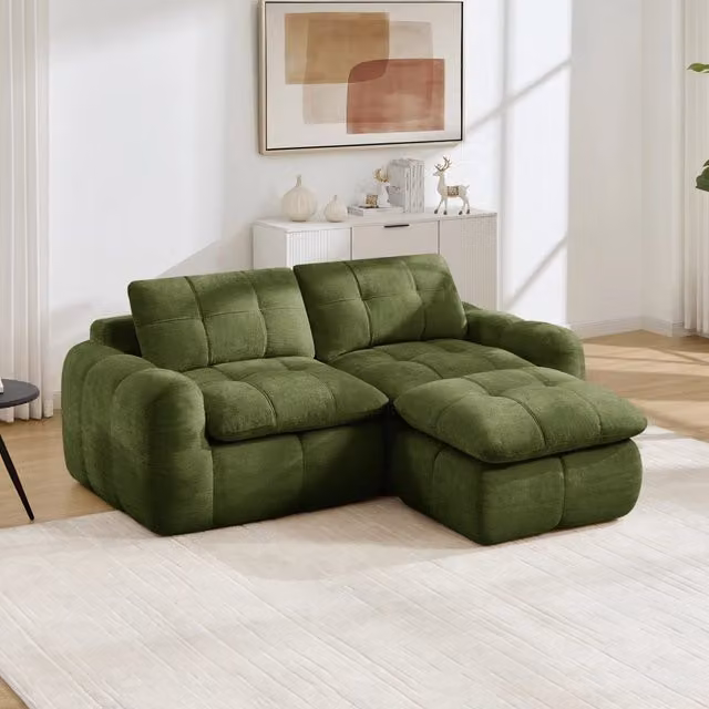 Divano modulare angolare 194x160x68 cm con pouf in ciniglia verde